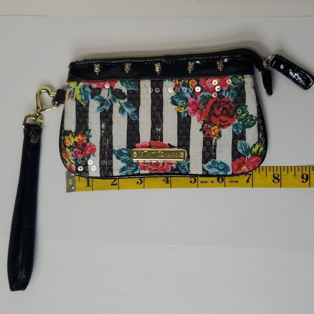 Betsey Johnson Sequined Flowers and Stripes Wristlet Gold Toned Accents - Picture 2 of 11